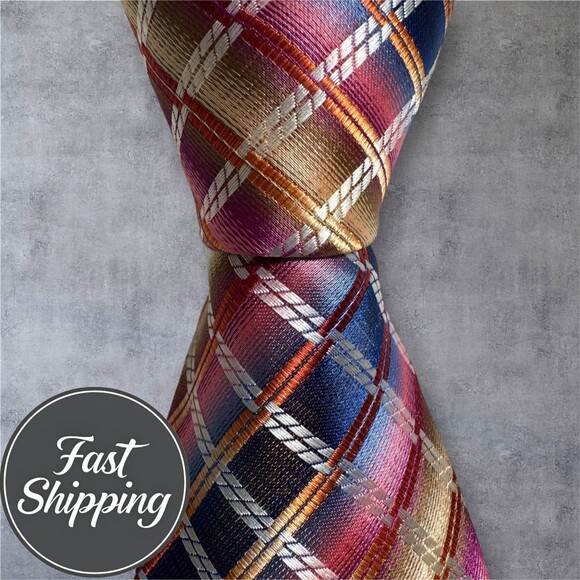 PIERRE CARDIN Necktie Tie Geometric/Plaid Blue/Red/Yellow - Picture 4 of 5